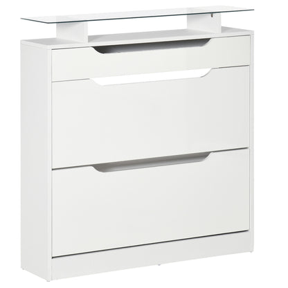 Shoe Storage Cabinet with Slide Out Drawer, 2 Flip Doors, Tempered Glass Top - White