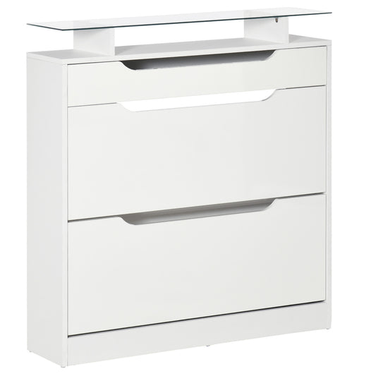 Shoe Storage Cabinet with Slide Out Drawer, 2 Flip Doors, Tempered Glass Top - White