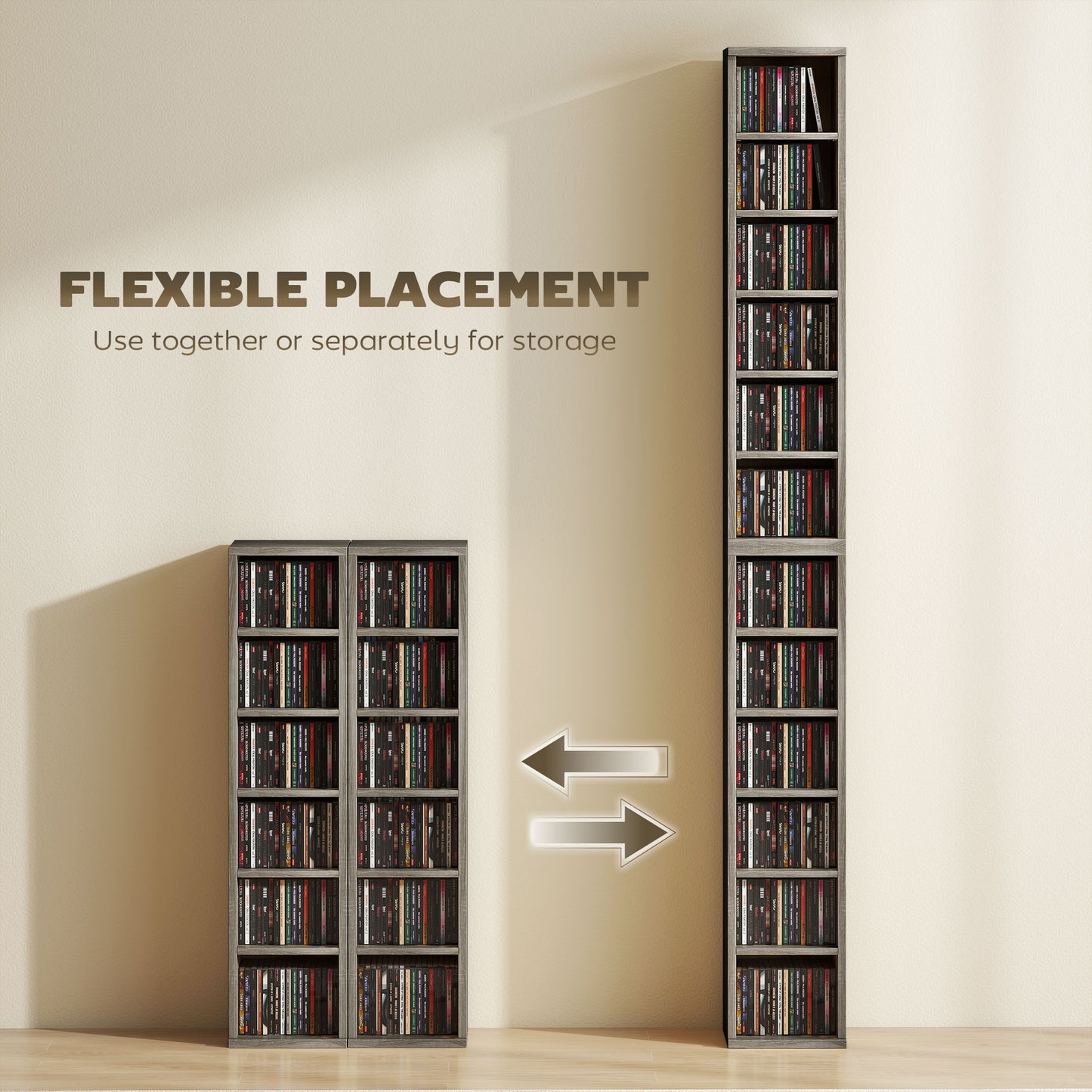 Set of 2 CD Media Display Shelf Unit Tower Rack with Adjustable Shelves, Mocha Wood Effect