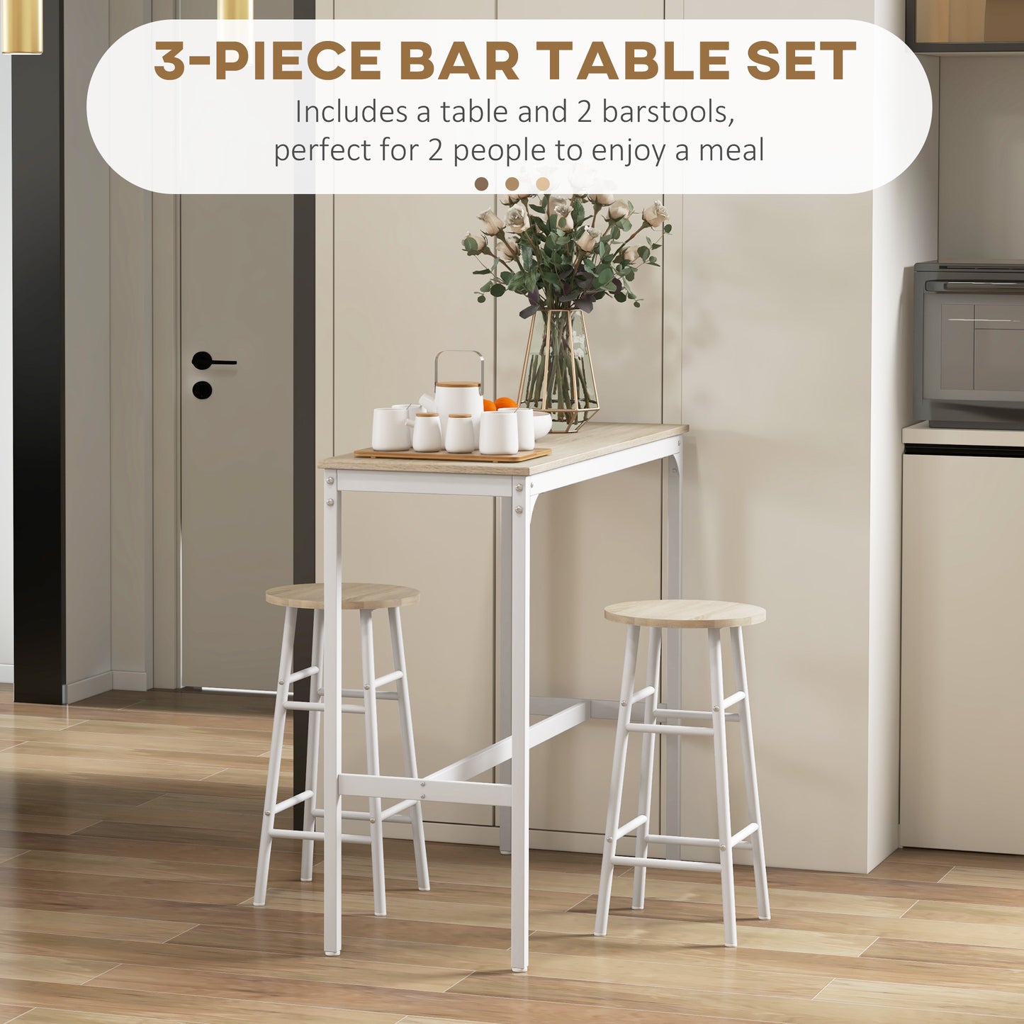 3 Piece Bar Table Set with 2 Stools, Industrial Bar Table and Stool, Dining Table and Chair, Oak