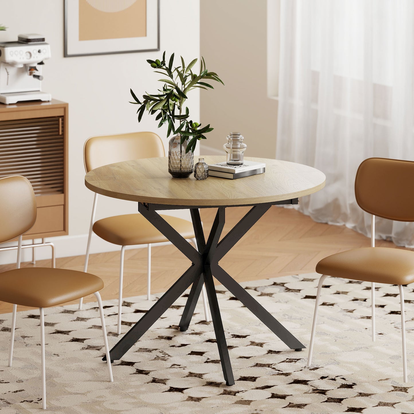 Extendable Dining Table for 4-6, Industrial Kitchen Dinner Table with Butterfly Leaf and X-Shape Base, Natural Wood