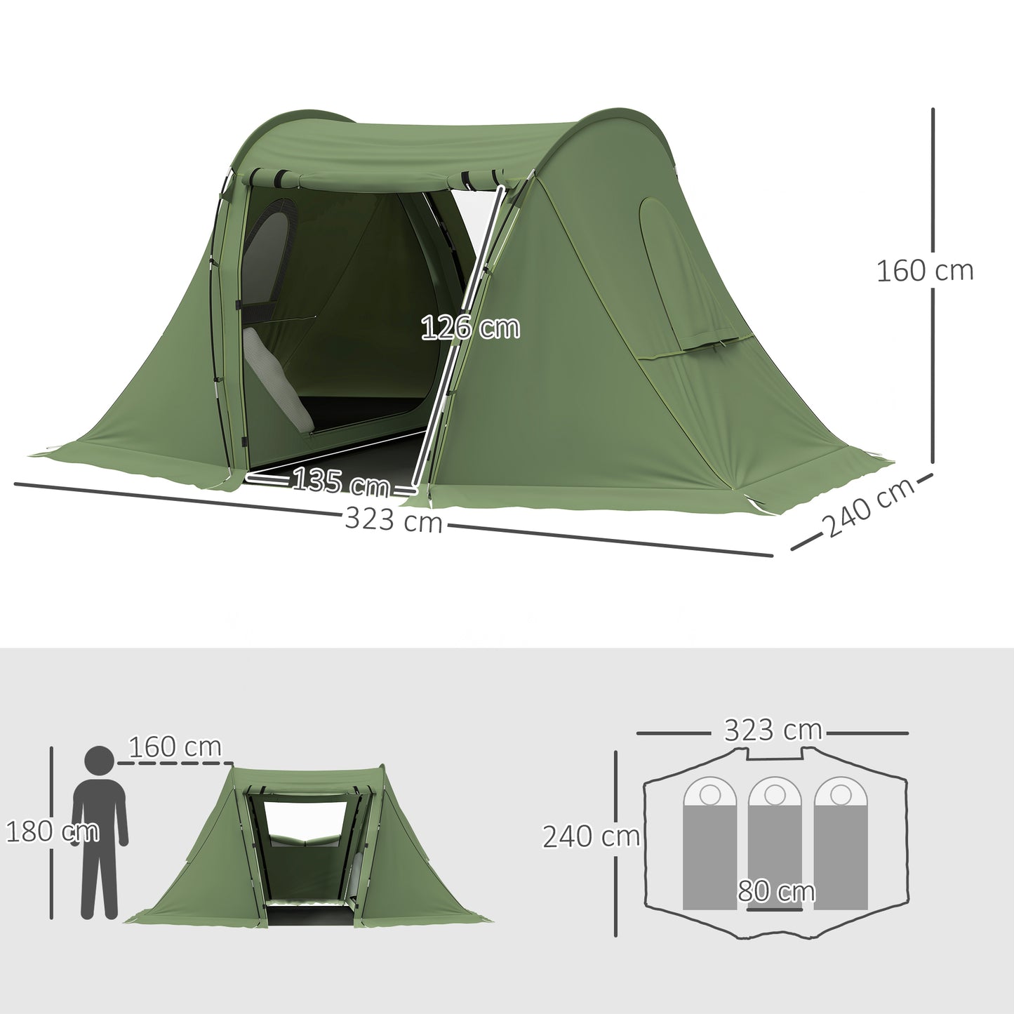 3 Man Camping Tent with Living Area and 2 Bedrooms, 3000mm Waterproof Family Tent with Sewn-in Groundsheet and bag