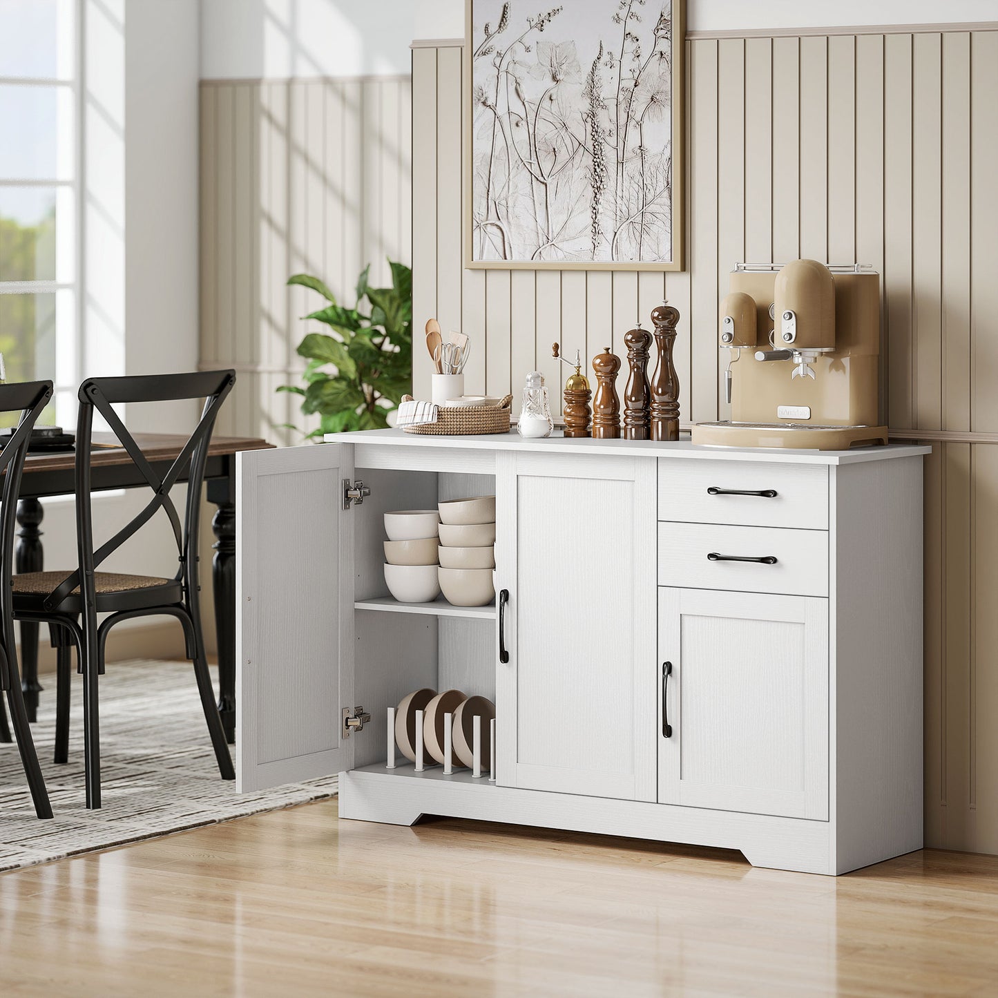 Sideboard with 2 Drawers Modern Storage Cabinet, Kitchen Cupboard with Adjustable Shelf and 3 Doors White