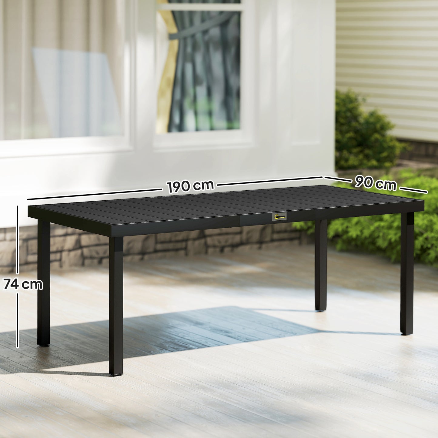 Aluminium Outdoor Garden Dining Table for 8 People, Faux Wood Top, for Garden, Patio, 190 x 90 x 74cm, Black