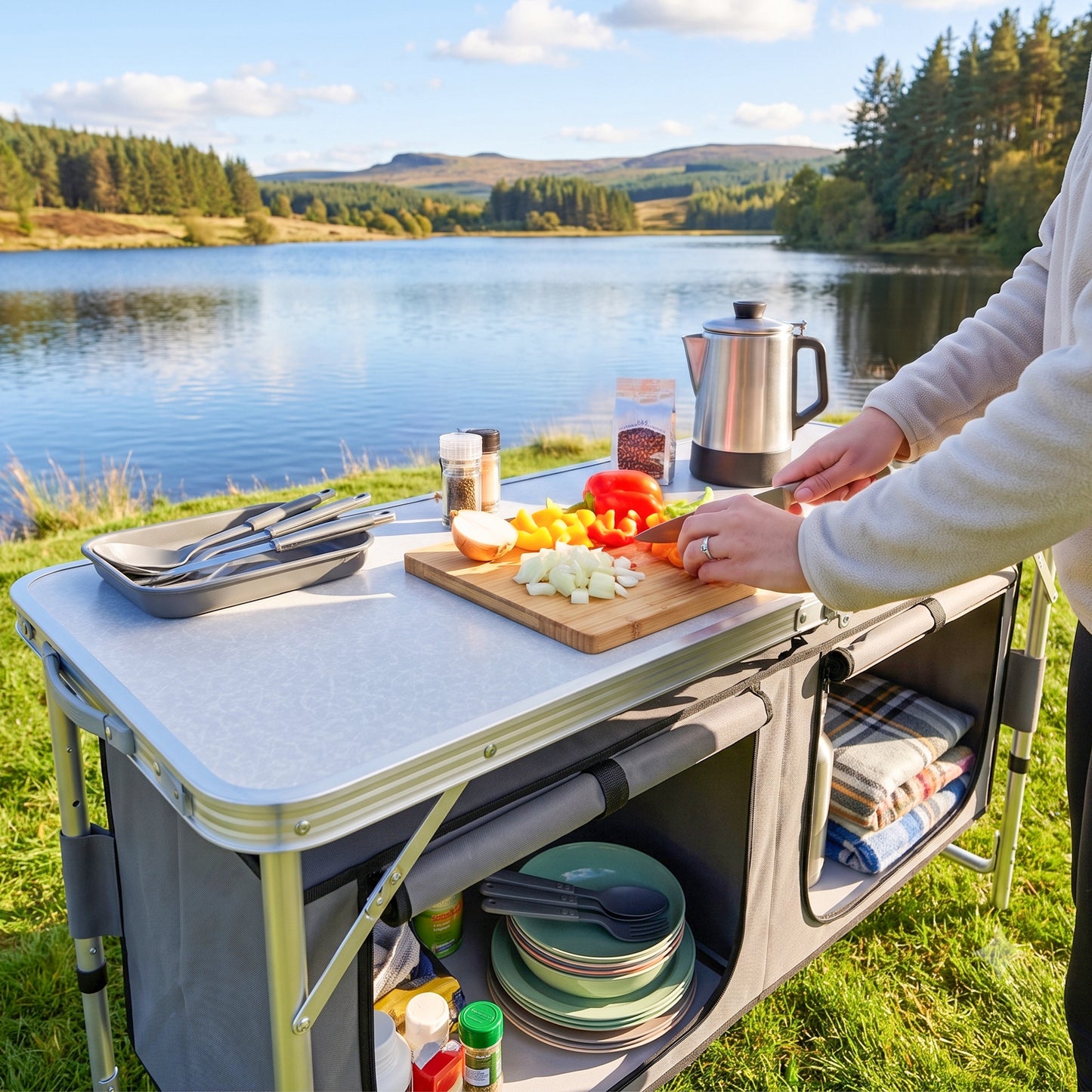 4ft Folding Camping Cupboard Kitchen, Height Adjustable Aluminium Camping Table with Storage