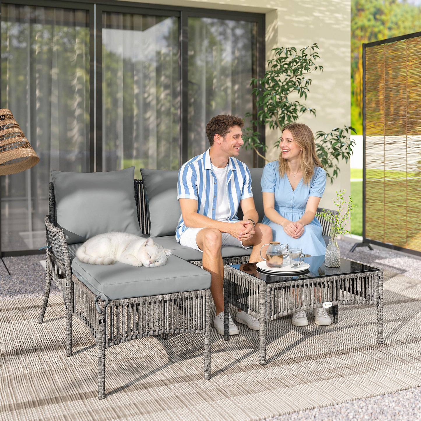 3 Piece Rattan Garden Furniture Corner Sofa Set with Chaise Lounge, Loveseat, Glass Coffee Table, Cushions, Dark Grey