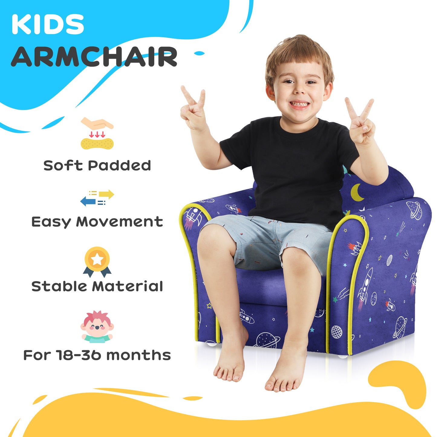 Kids Armchair with Planet Dinosaurs Design, Wooden Frame, for Bedroom, Playroom, Kids Room - Blue