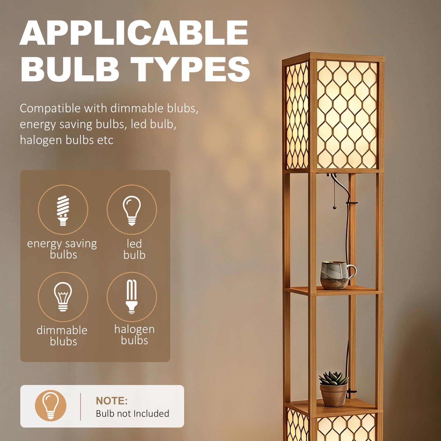 Floor Lamp with Shelves, Modern Tall Standing Lamp with Fabric Lampshades, Zipper Switch, Natural Wood Finish