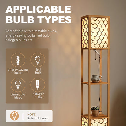Floor Lamp with Shelves, Modern Tall Standing Lamp with Fabric Lampshades, Zipper Switch, Natural Wood Finish