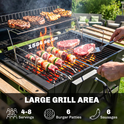 Charcoal BBQ Grill with Adjustable Charcoal Pan, Barbecue Smoker with Warming Rack, Black