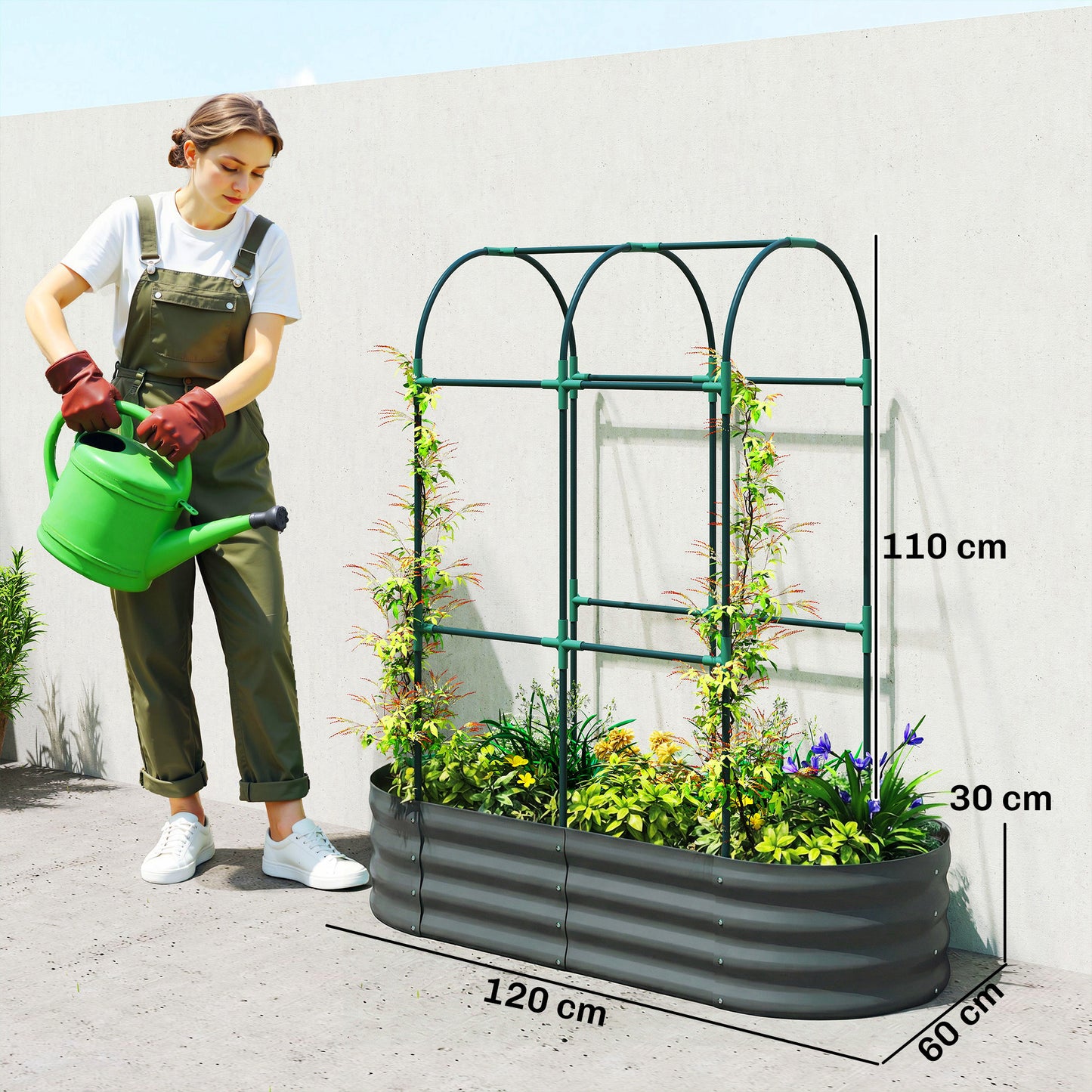 Galvanised Raised Garden Bed with Arched Trellis, 4 x 2 x 4.6ft Metal Raised Bed for Garden with Open Bottom, Dark Grey