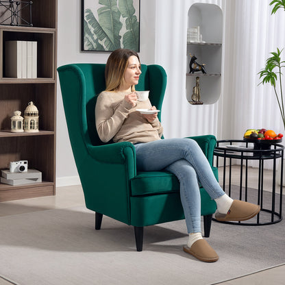 Modern Accent Chair with High Backrest and Pillow, Velvet-Feel Fabric Reading Chair with Solid Wood Legs, Green