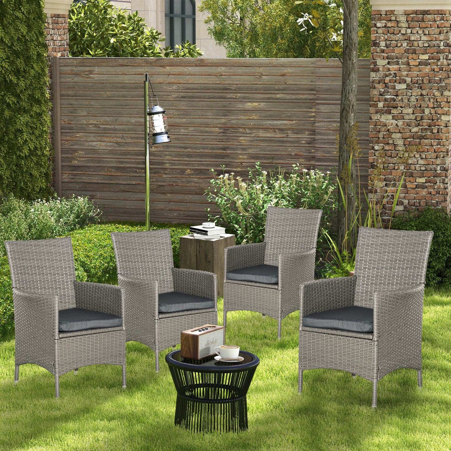 Set of Four Rattan Armchairs, with Cushions - Grey