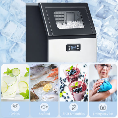 Commercial Ice Maker Machine, Freestanding Stainless Steel Ice Machine with Self-Cleaning, LCD Display