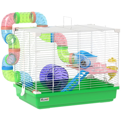2 Tier Hamster Cage, Gerbil Cage with Handle, Exercise Wheels, Tunnel, Water Bottle, Dishes, Ladder, for Dwarf