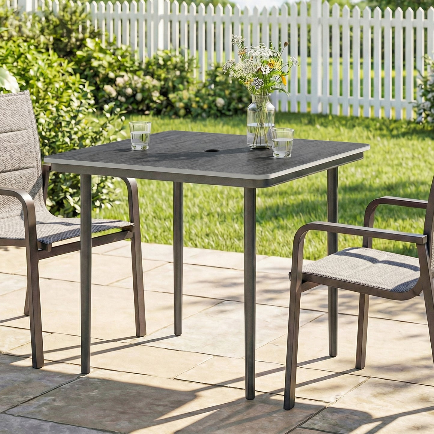 Garden Dining Table for 4, 85 cm Square Outdoor Table with Umbrella Hole, Faux Wood Top, Metal Legs, Dark Grey