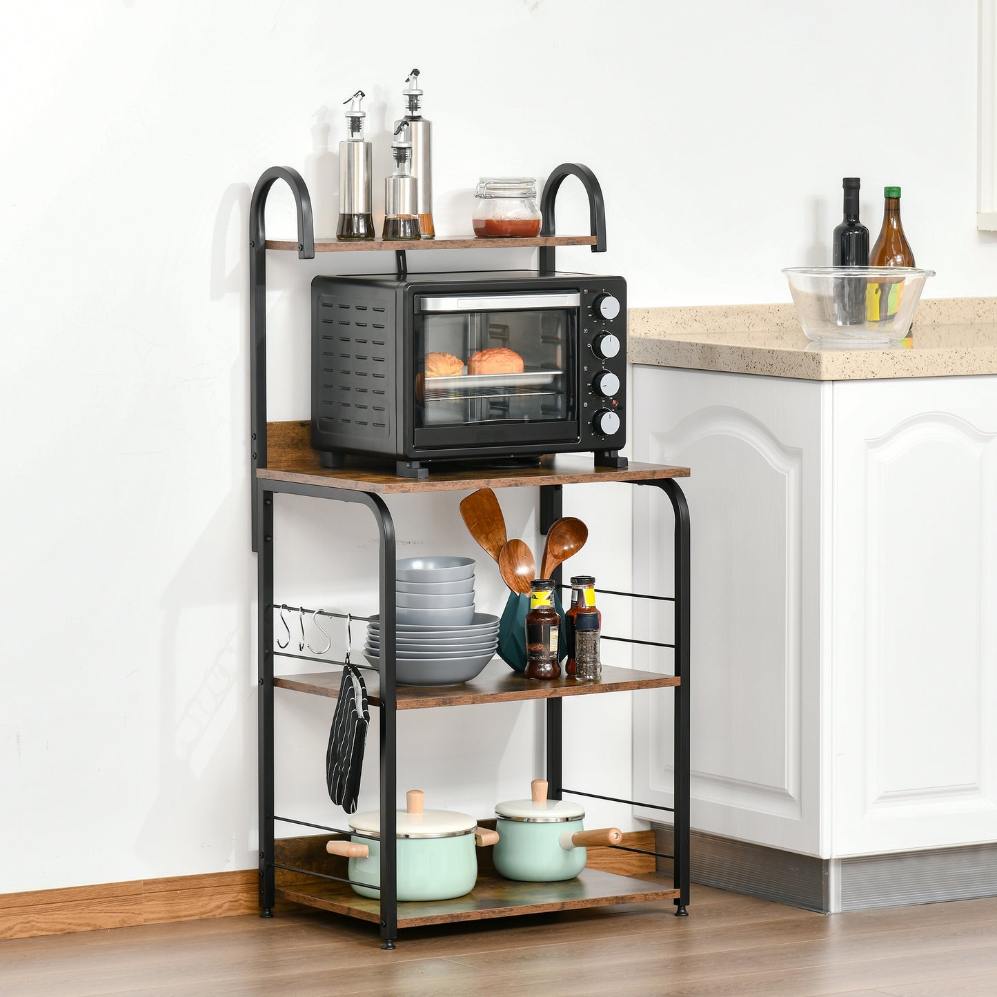 4-Tier Baker's Rack, Microwave Stand with 4 Hooks, Kitchen Storage Unit for Spices, Pots and Pans, Rustic Brown