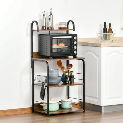 4-Tier Baker's Rack, Microwave Stand with 4 Hooks, Kitchen Storage Unit for Spices, Pots and Pans, Rustic Brown