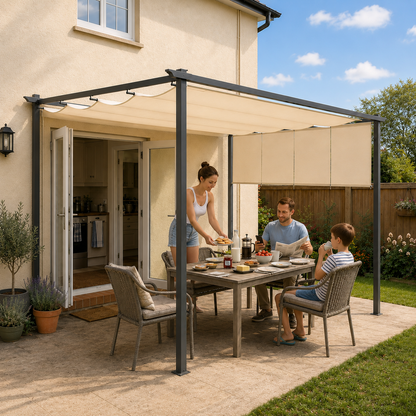 3 x 4m Metal Pergola with Retractable Roof and Roller Shade, Free Standing Gazebo Canopy Pergola Kit