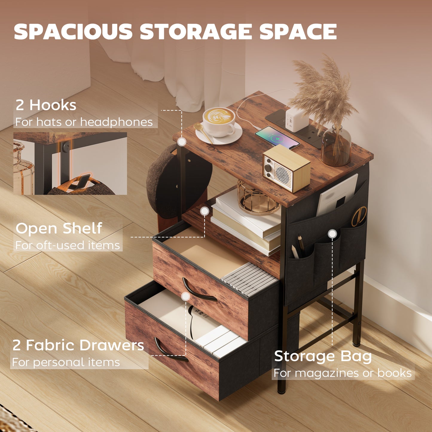 Bedside Table with Charging Station - Rustic Brown