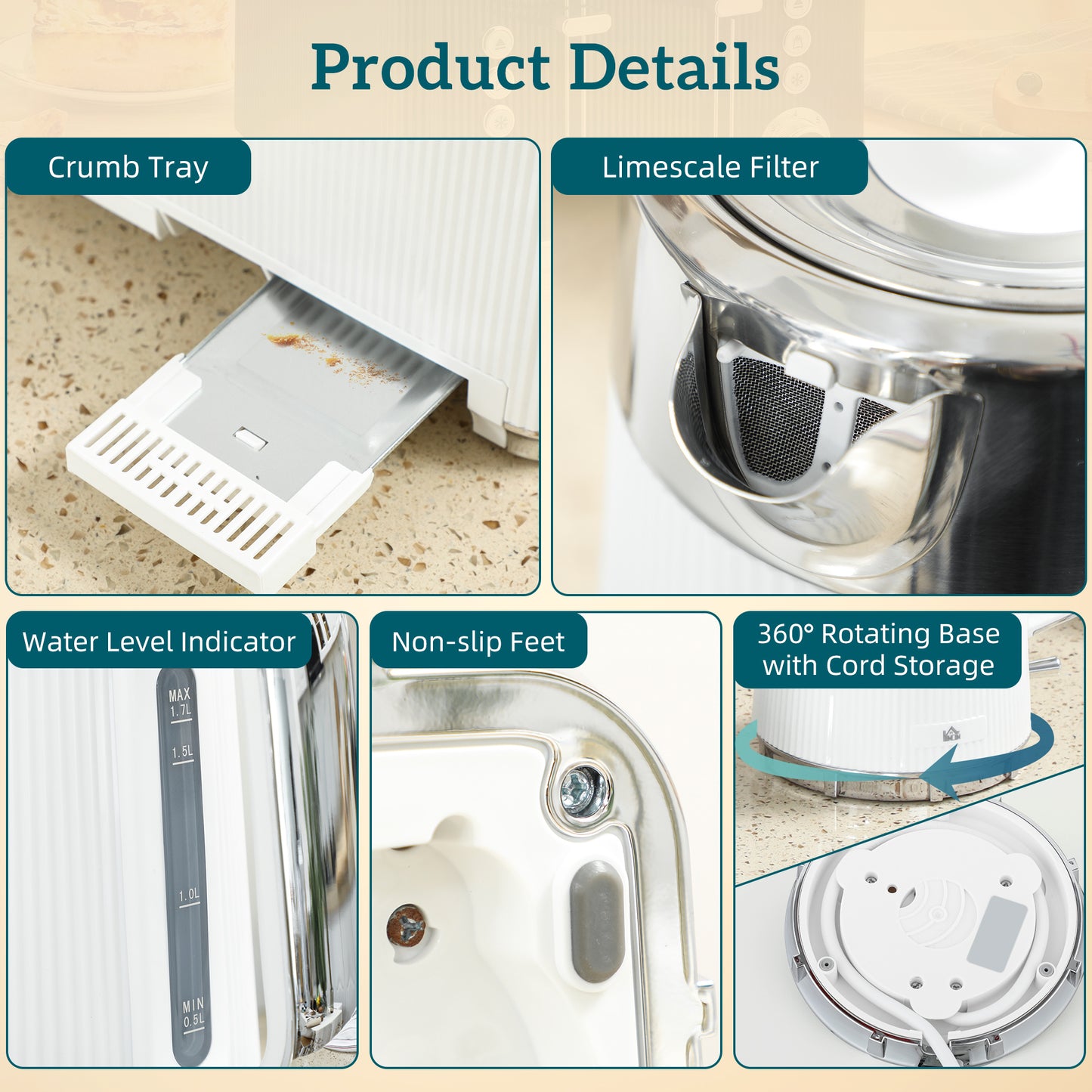 Electric Stainless Steel Kettle and Toaster Set, 3000W 1.7L UK Strix Thermostat Fast Boil Kettle w/ Limescale Filter