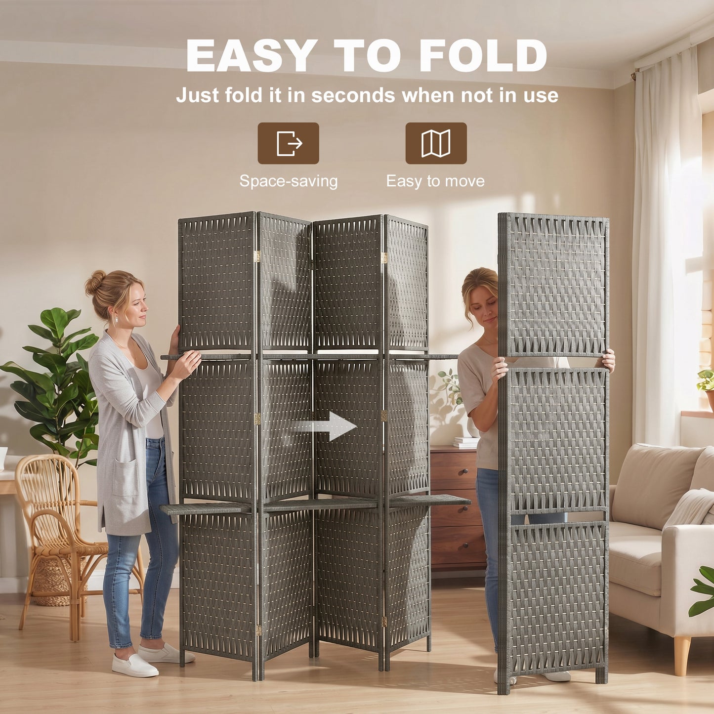 Wave Fibre Freestanding Folding Privacy Screen Panels, Room Divider, Grey