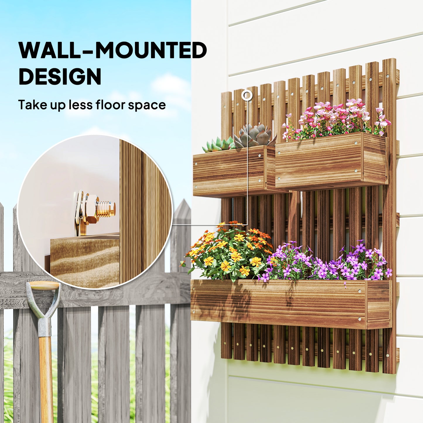 Wall-mounted Wooden Garden Planters with Trellis, Drainage Holes and 3 Planter Boxes for Patio, Carbonised
