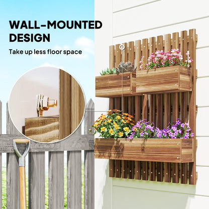 Wall-mounted Wooden Garden Planters with Trellis, Drainage Holes and 3 Planter Boxes for Patio, Carbonised