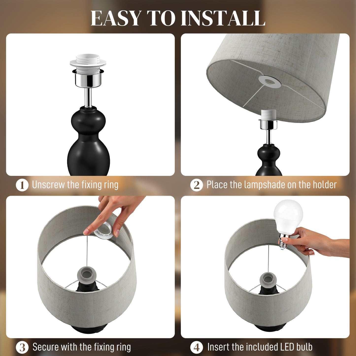 Set of Two Three-Colour Lamps, with USB Ports - Black/Beige