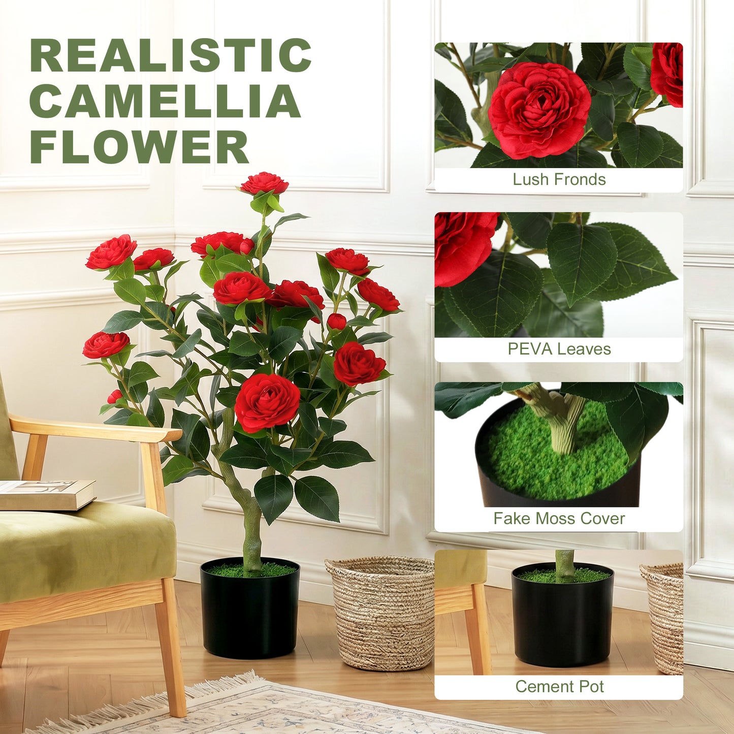 65cm Artificial Camellia Flower Plant in Pot with 116 Lush Leaves & Moss Effect, Red