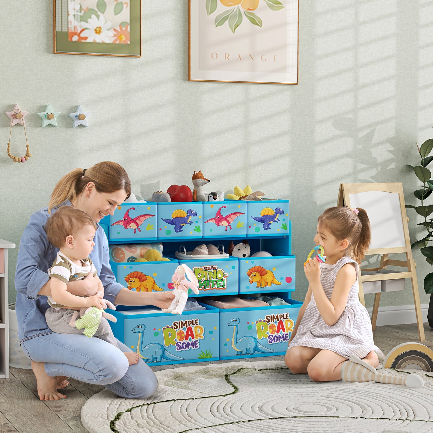 3-Tier Kids Storage Unit with 9 Non-Woven Fabric Boxes for Toys, Books, for Bedroom, Nursery, Blue