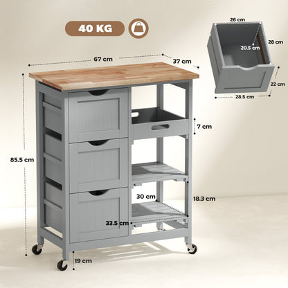 Rolling Kitchen Island Cart, Bar Serving Cart, Compact Trolley on Wheels with Wood Top, Shelves & Drawers, Grey