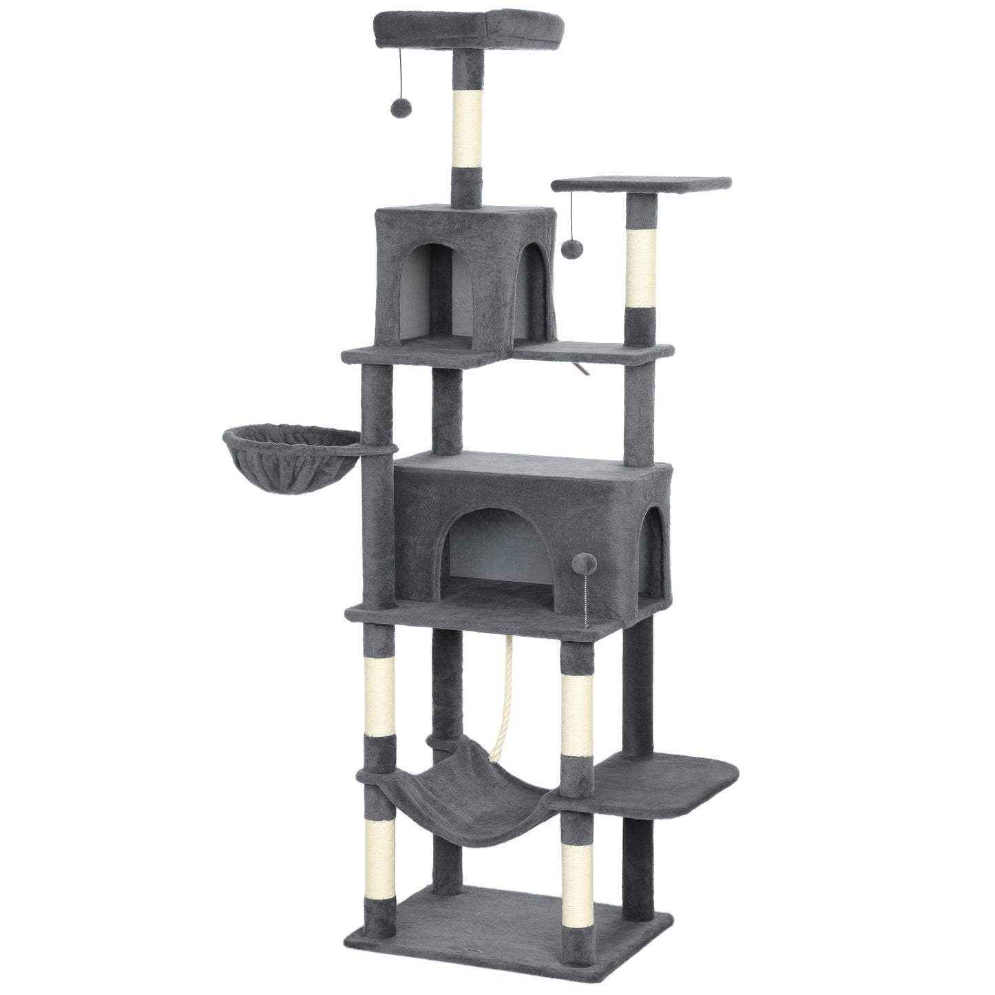 202cm Large Cat Tree with 6 Scratching Posts, 2 Hammocks, 2 Condos, 2 Perches, Pompoms, for Indoor Cats to Rest and Play