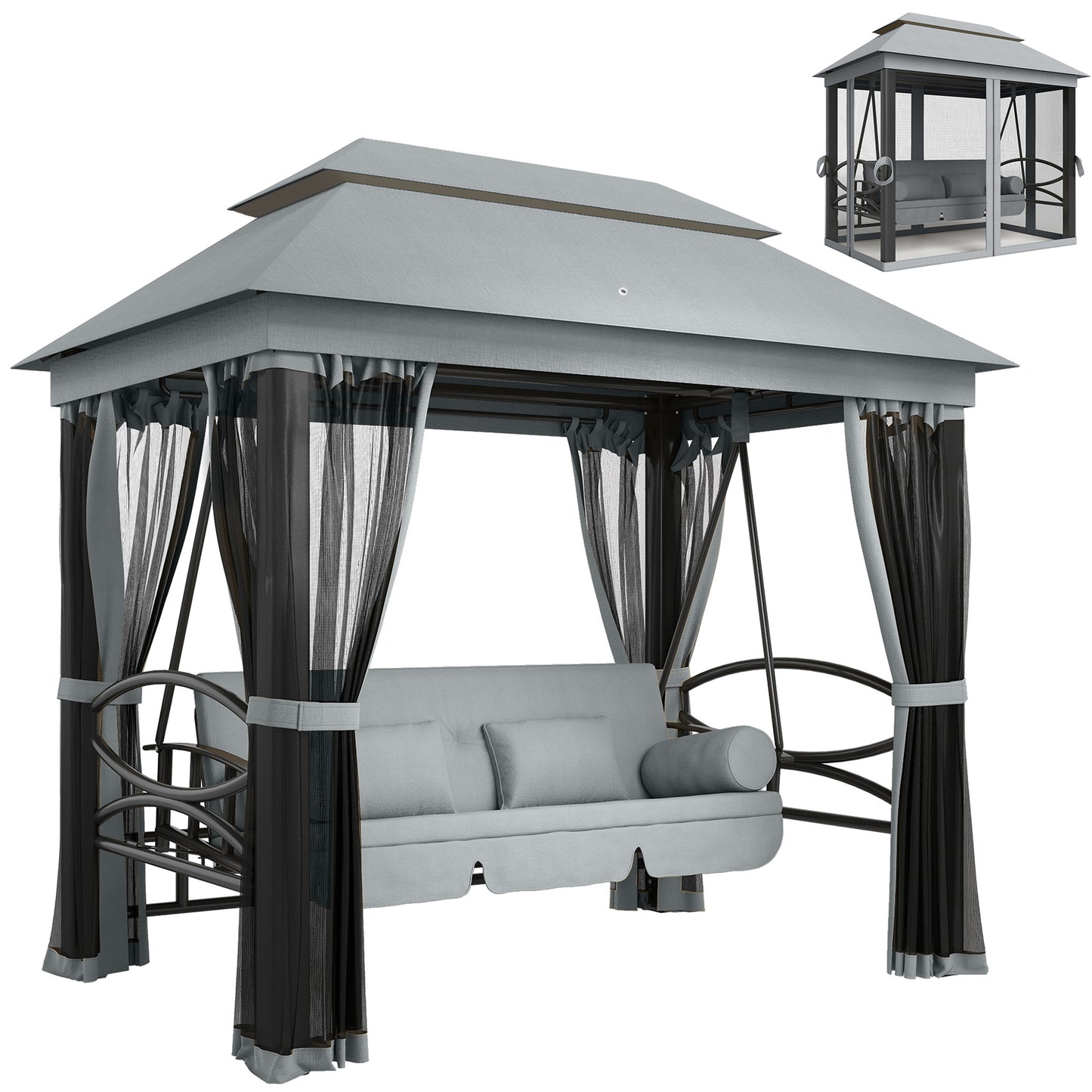 3 Seater Swing Chair 3-in-1 Convertible Garden Swing Seat Bed Gazebo Patio Bench Outdoor with Double Tier Canopy