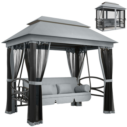 3 Seater Swing Chair 3-in-1 Convertible Garden Swing Seat Bed Gazebo Patio Bench Outdoor with Double Tier Canopy