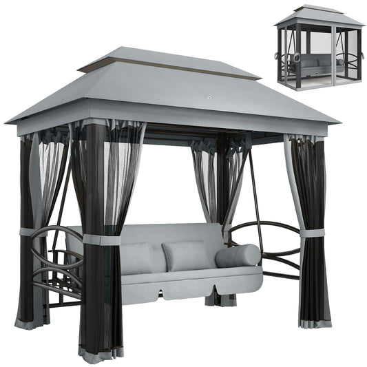 3 Seater Swing Chair 3-in-1 Convertible Garden Swing Seat Bed Gazebo Patio Bench Outdoor with Double Tier Canopy