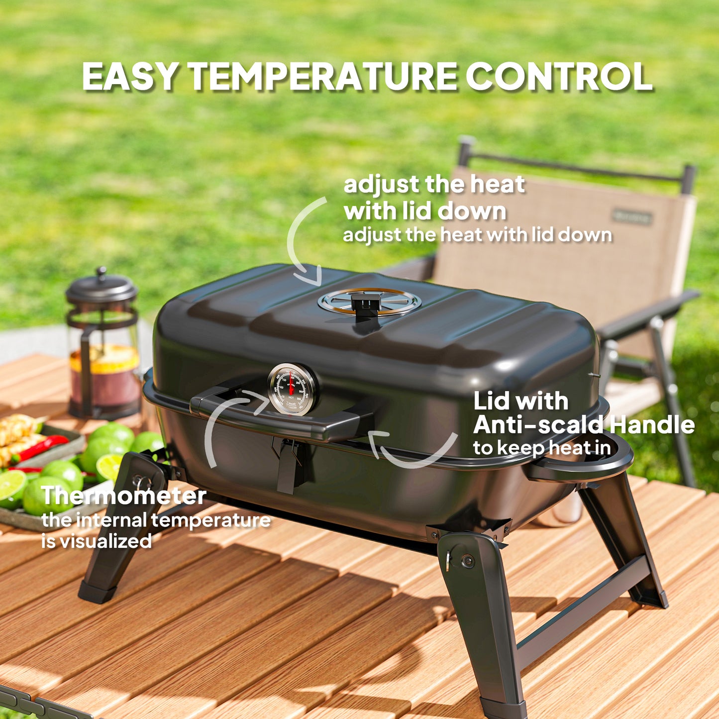 Charcoal Barbecue Grill Folding Portable BBQ Grill for Camping with 1232 cm² Cooking Area, Adjustable Vent, Thermometer