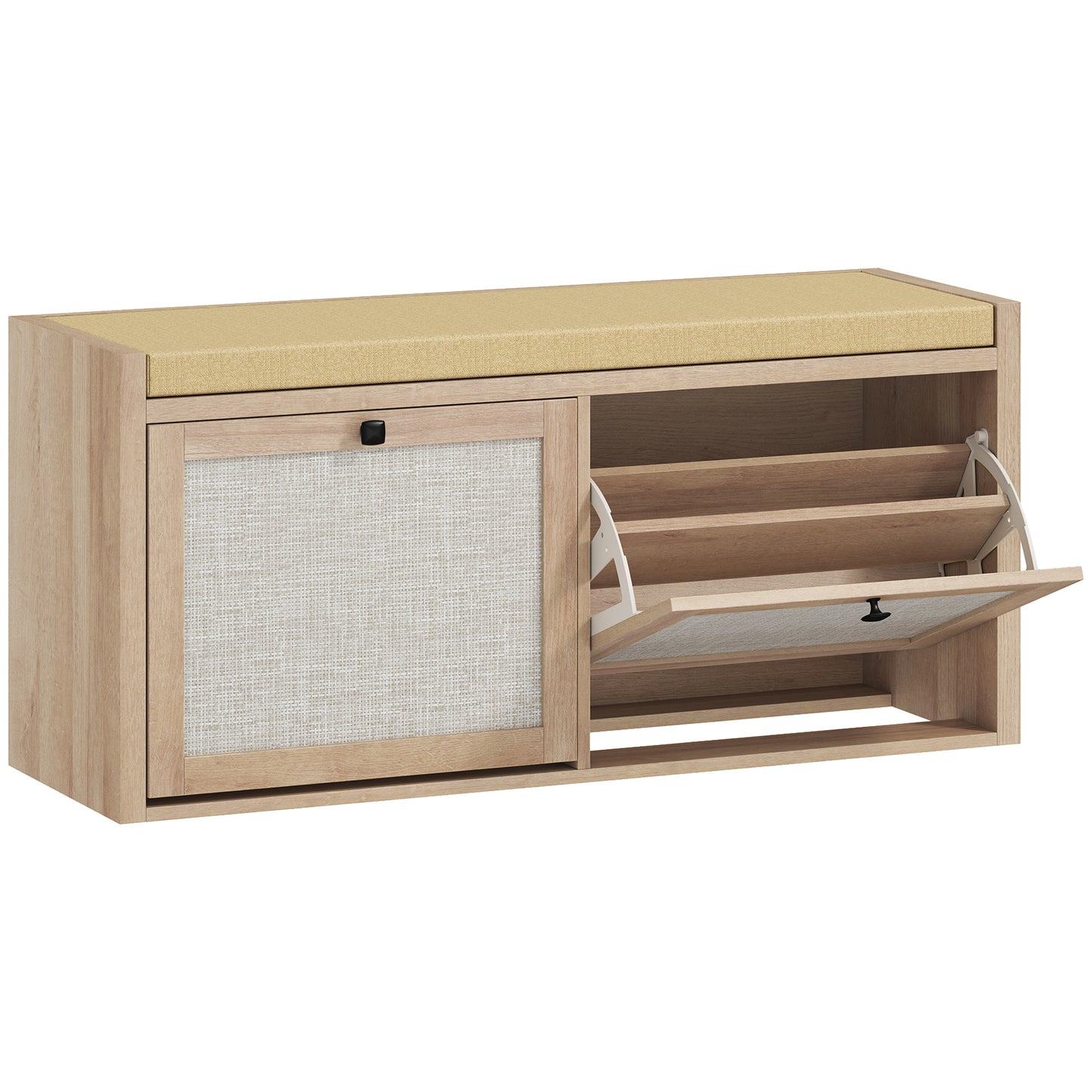 Rattan Shoe Bench with Padded Cushion and 2 Cabinets for Hidden Storage, Oak Wood Effect