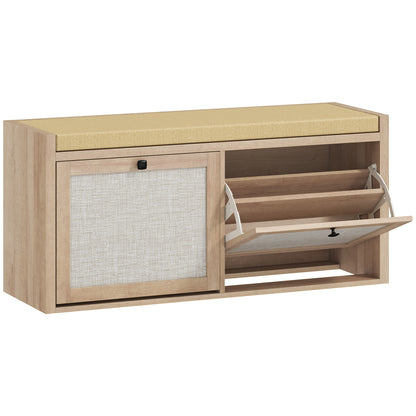 Rattan Shoe Bench with Padded Cushion and 2 Cabinets for Hidden Storage, Oak Wood Effect