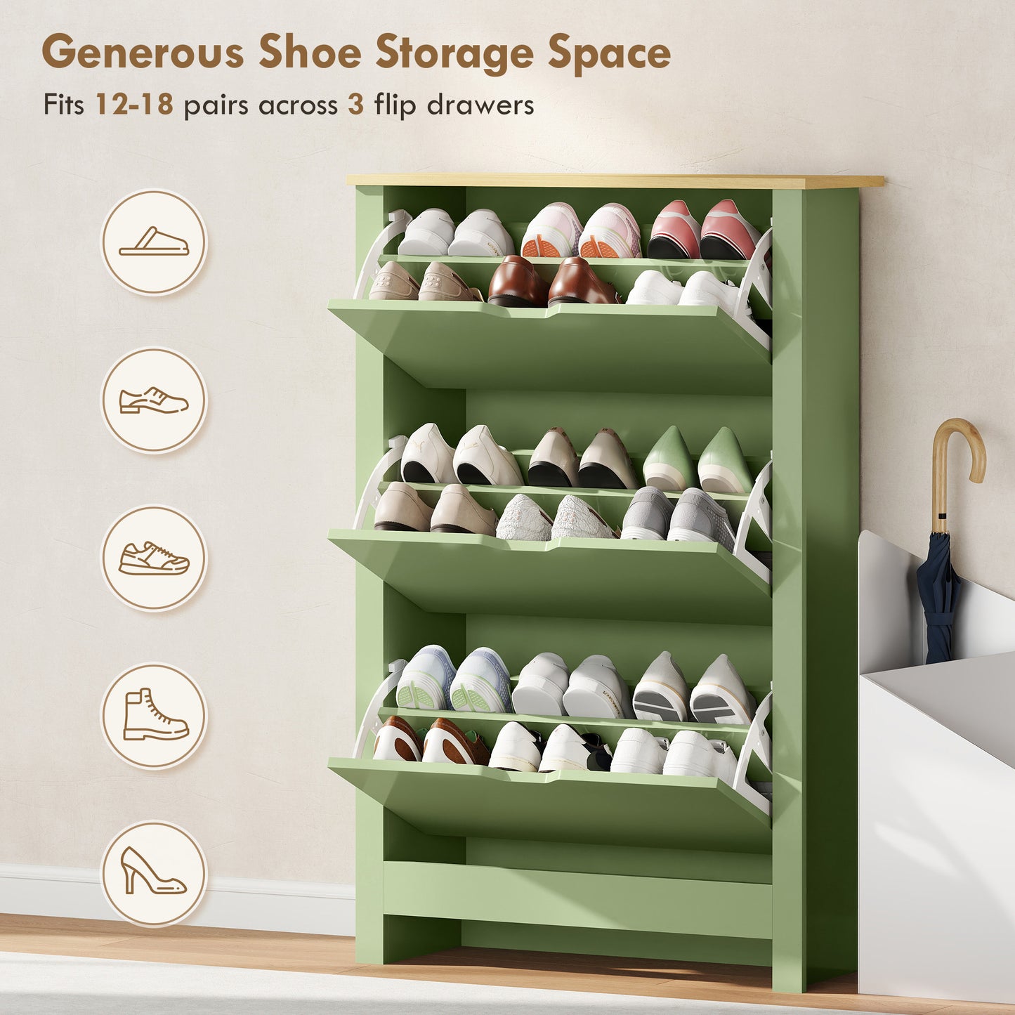 Slim Shoe Cabinet, Narrow Shoe Cupboard with 3 Flip Drawers, Adjustable Shelves for 18 Pairs of Shoes, High Gloss Green
