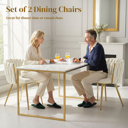 Velvet-Feel Dining Chairs Set of 2, Modern Upholstered Armchair with Knot Design and Golden Metal Legs