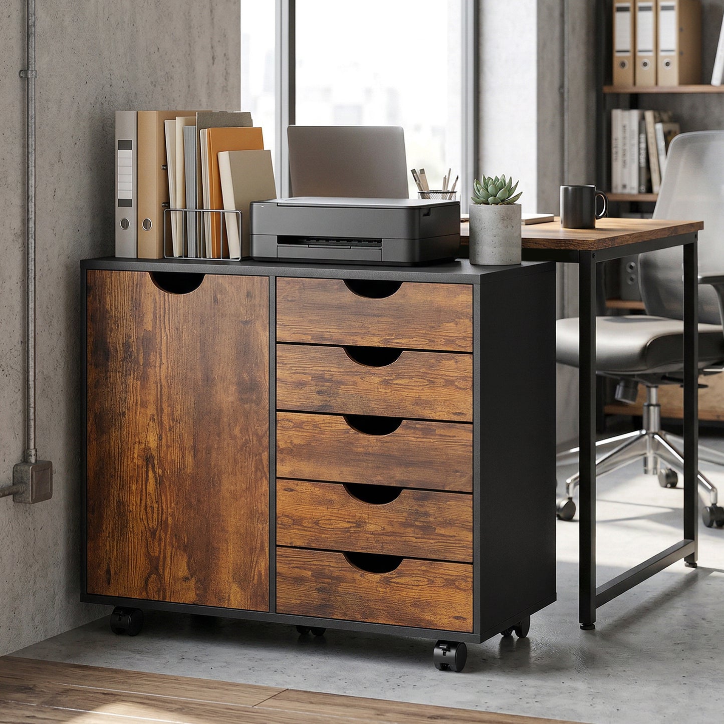 Multi-Storage Mobile Office Storage Cabinet - Rustic Brown