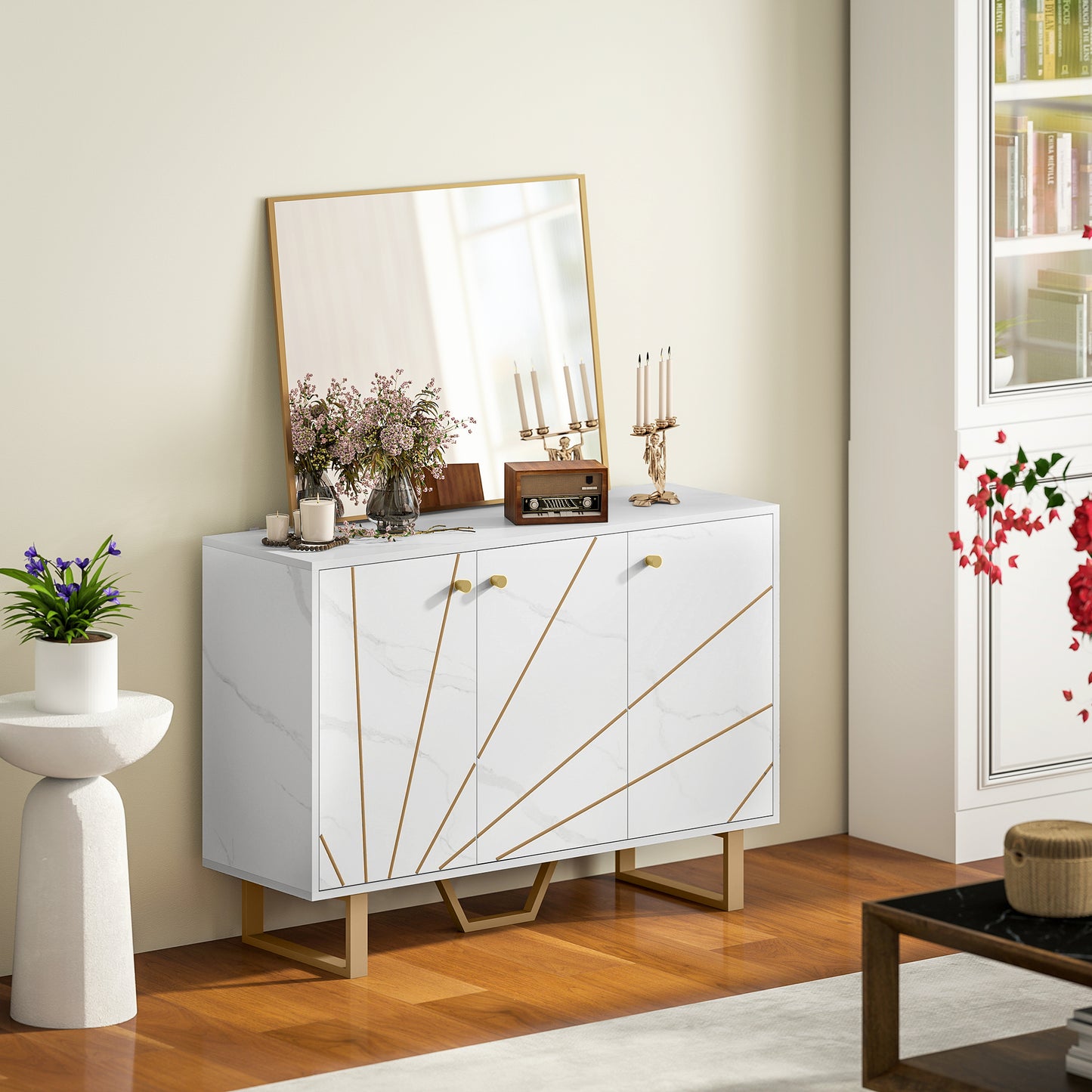 Sideboard Storage Cabinet, Modern Storage Cupboard with Adjustable Shelves and Metal Legs for Living Room, Kitchen