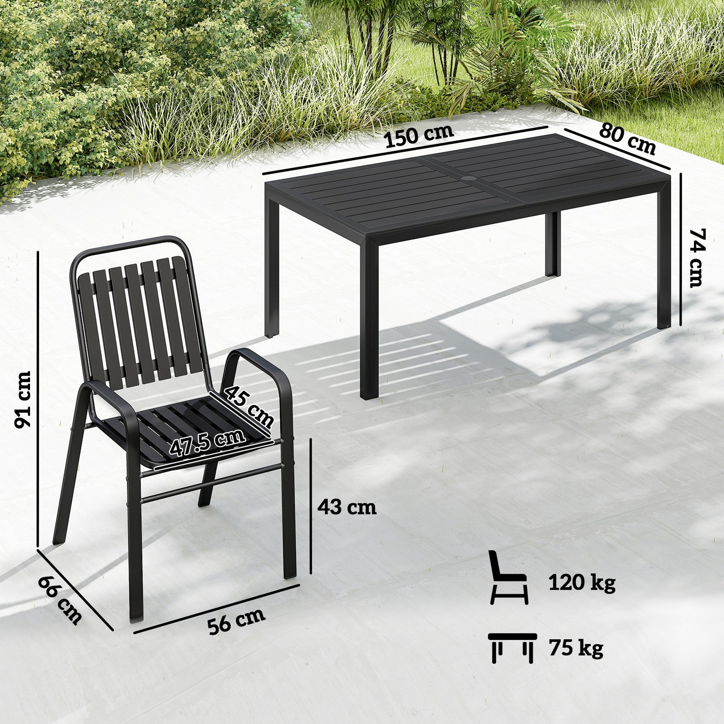 7 Pieces Outdoor Dining Set with Umbrella Hole, Garden Table and Chairs Set for 6 with Metal Table and Stackable Chairs