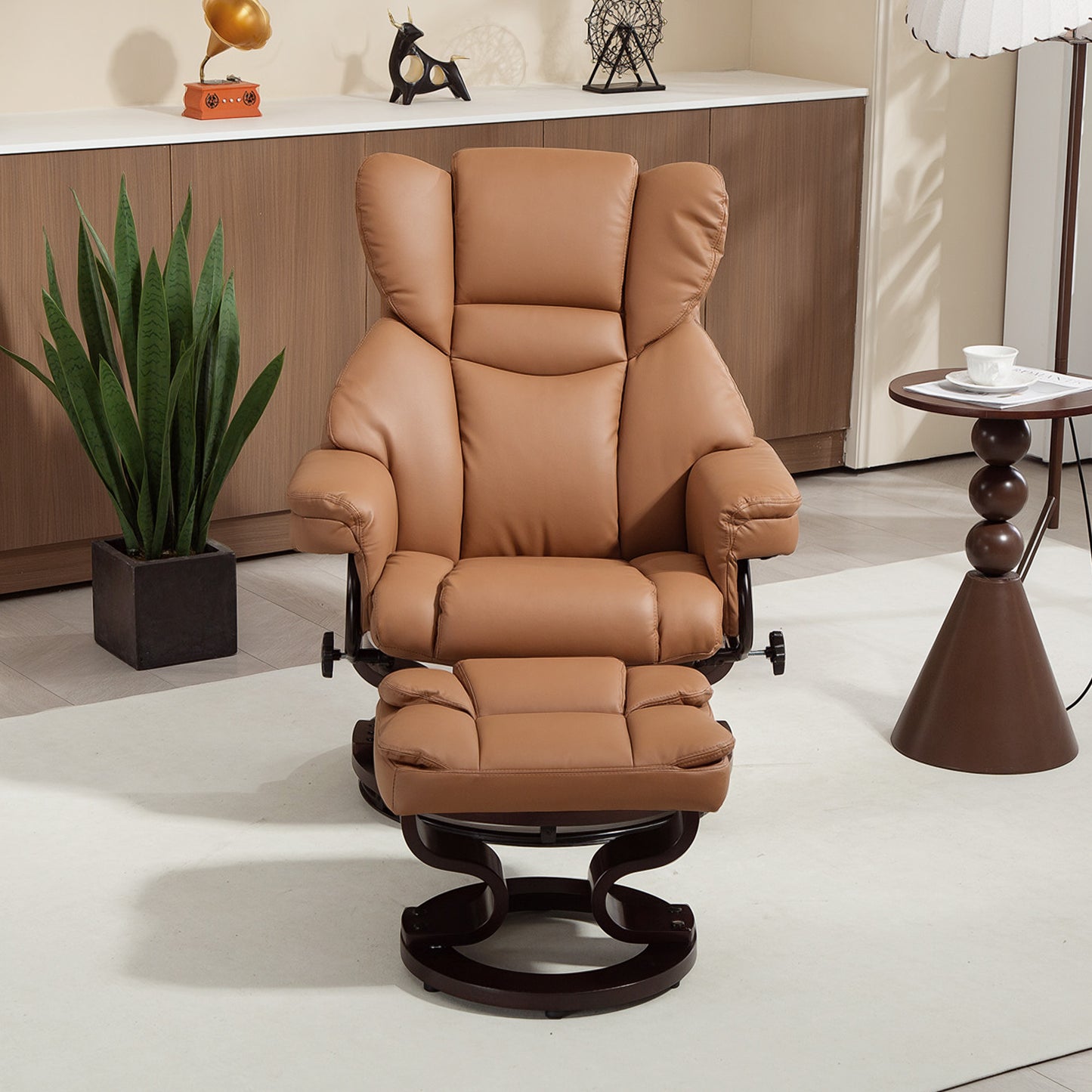 Faux Leather Reclining Chair and Footstool - Brown