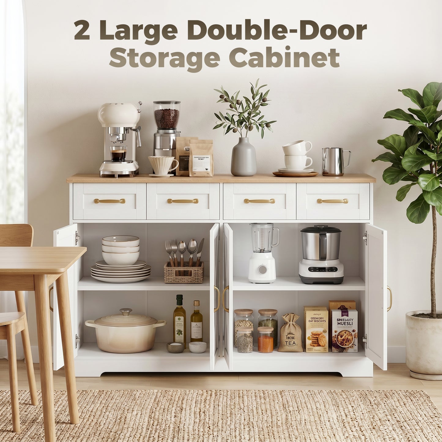 Sideboard Buffet Cabinet, 140 cm Kitchen Storage Cabinet with 4 Drawers, 4 Doors and 2 Adjustable Shelves, White