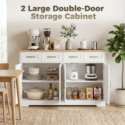 Sideboard Buffet Cabinet, 140 cm Kitchen Storage Cabinet with 4 Drawers, 4 Doors and 2 Adjustable Shelves, White