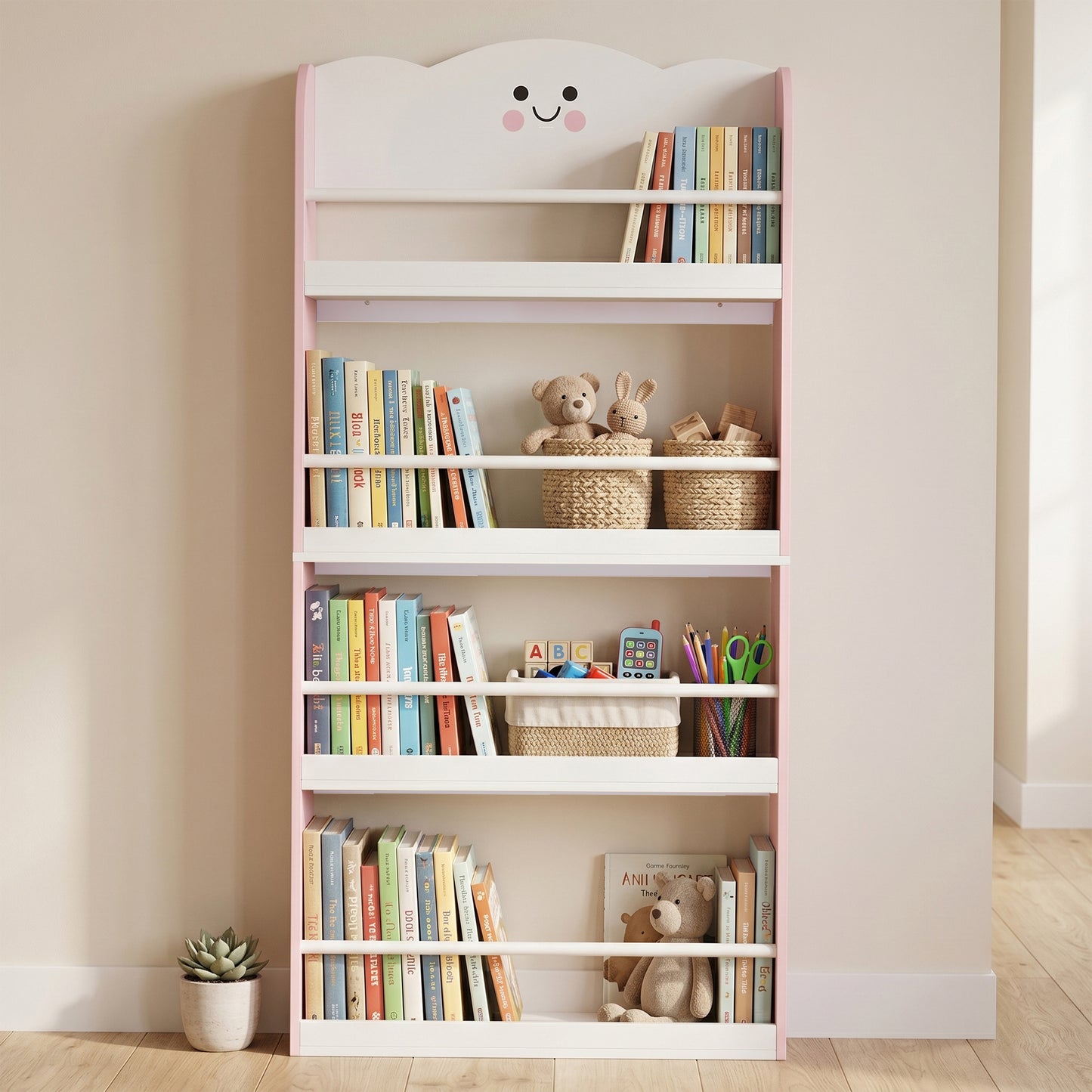 4 Tier Kids Bookshelf, Children Bookcase with Anti-Tip Kit, Toddler Space-Saving Bookcase for Kids Room, Playroom, Pink