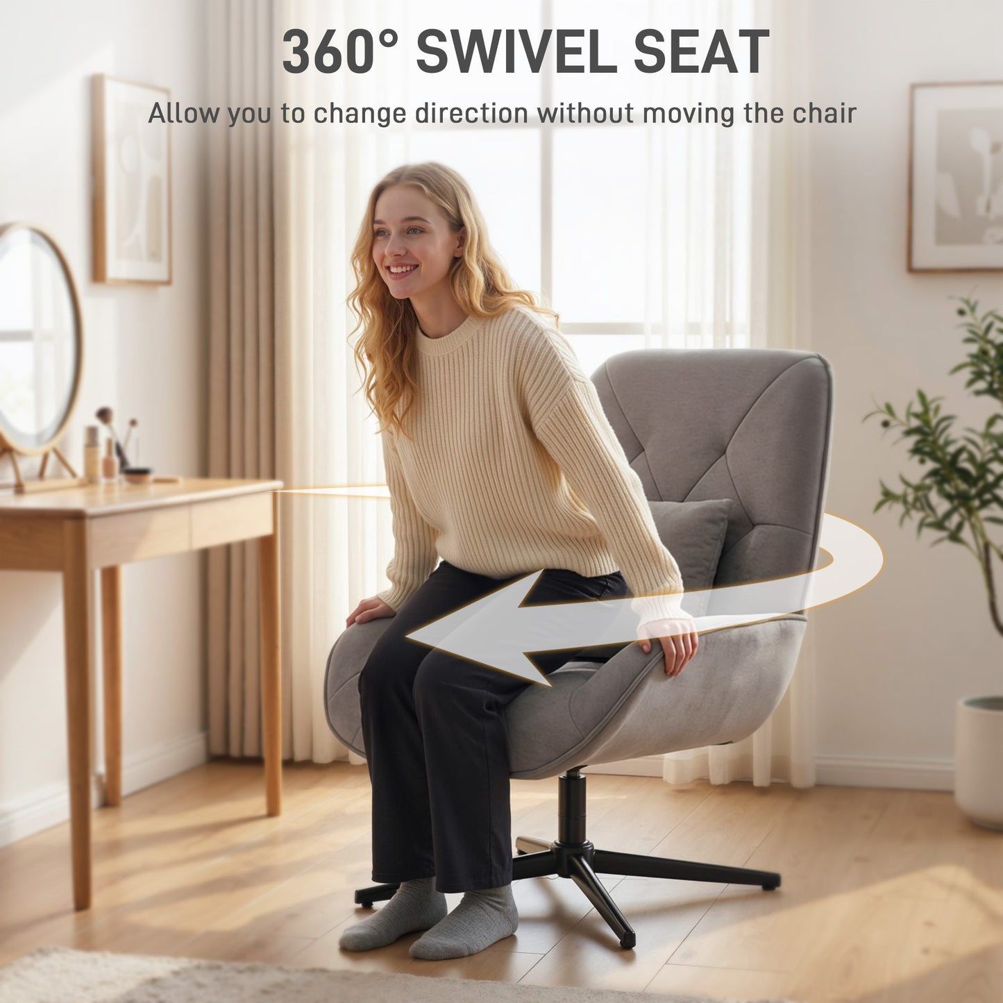 Accent Chair, Chenille Upholstered Swivel Armchair with Lumbar Pillow, High Back, Deep Seat and Metal Legs, Light Grey