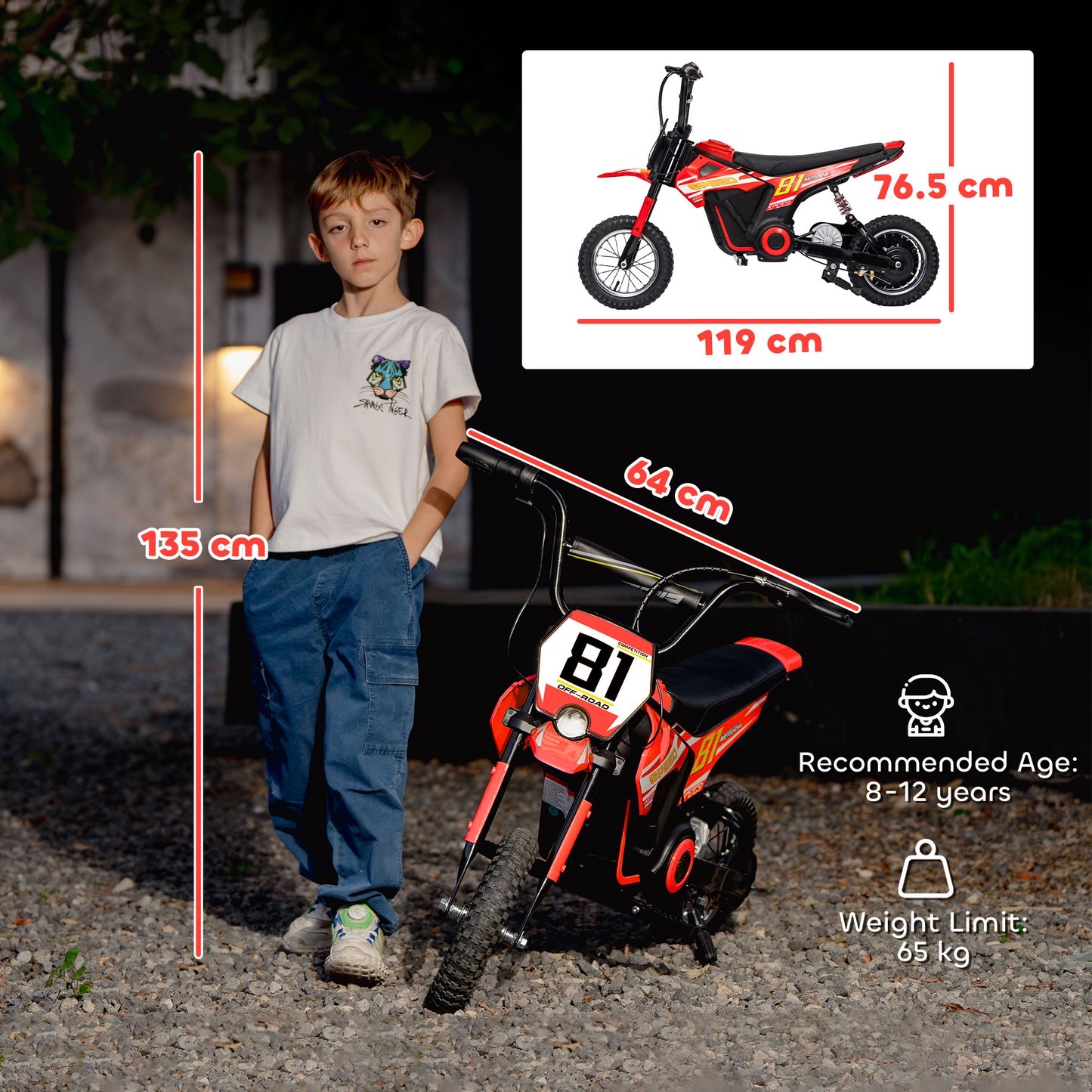 Kids Electric Motorbike 3 Gearboxes Speed Ride on Motorcycle with 41min Ranges - Red